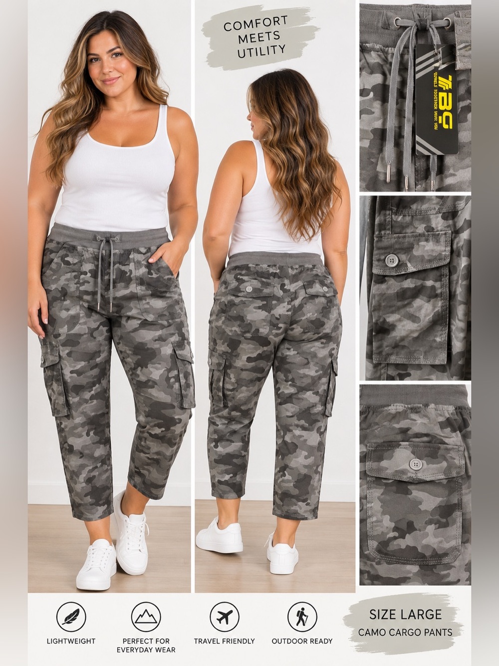 Large Size Camo Cargo Capri Pants - Gray